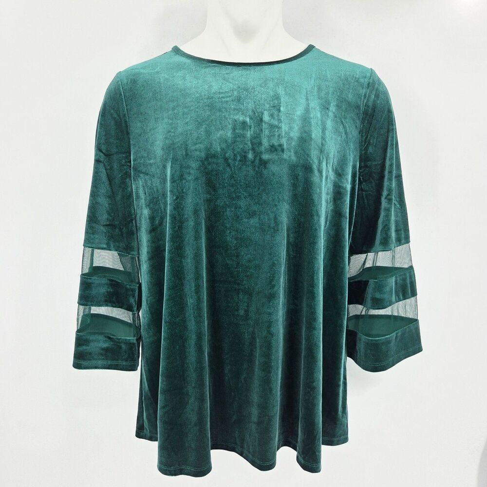 Slim Factor Emma Tunic Top Womens Size XL Green Velvet Mesh Bell Sleeves Boho